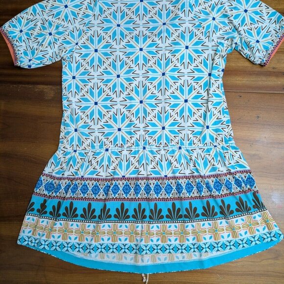 Nicole Miller Blue Boho Aztec Beaded Embellished Neck Floral Dress Large Ruffled - Picture 2 of 15